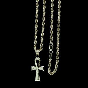 10K Real Gold Rope Chain and Ankh Cross Pendant Set